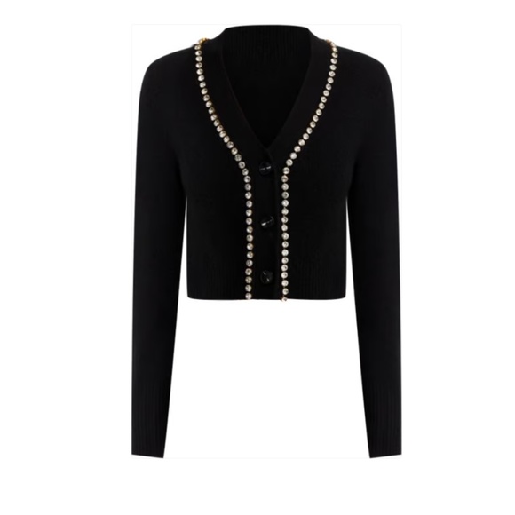 Luxurious 100% Cashmere V Neck Cardigan with Rhinestone Detail By Aqua in Black - Picture 6 of 7
